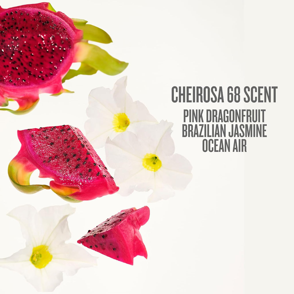 Pink dragonfruit slices and white flowers with product description text on a white background