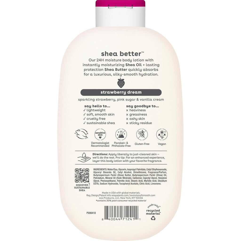 The back of a bottle of Shea better Strawberry Dream moisturizing body lotion, showing product details, ingredients, and a barcode on a white background.
