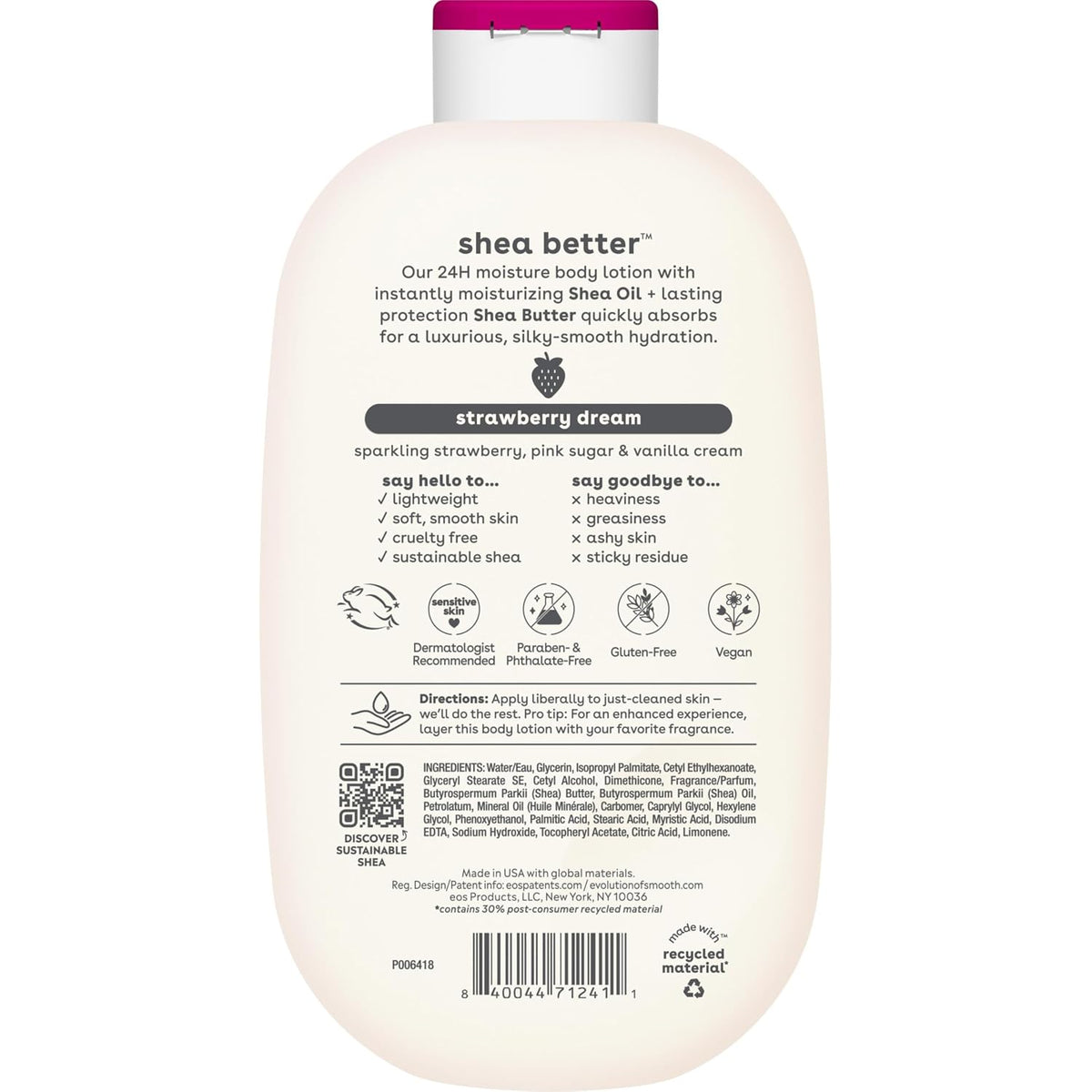 The back of a bottle of Shea better Strawberry Dream moisturizing body lotion, showing product details, ingredients, and a barcode on a white background.