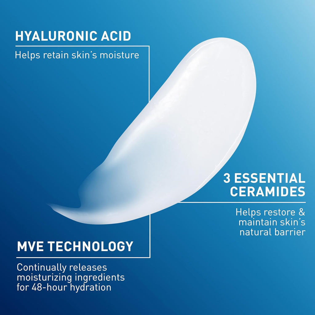 Cosmetic product with text about hyaluronic acid, ceramides, and MVE technology on a blue background