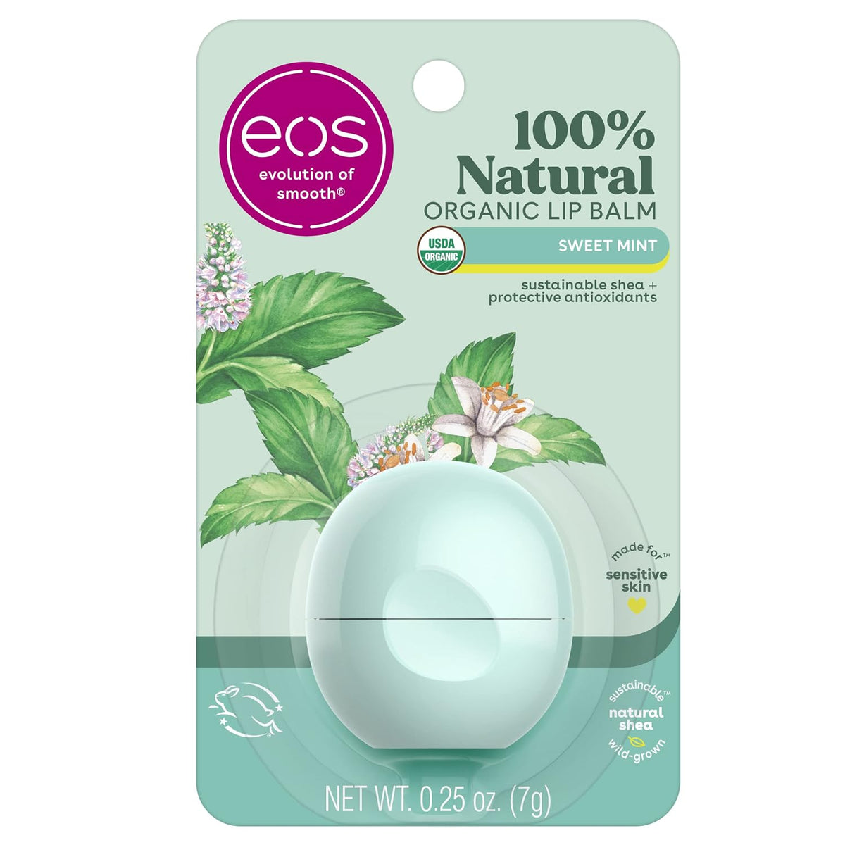  eos organic lip balm packaging with natural ingredients illustration on a light green background