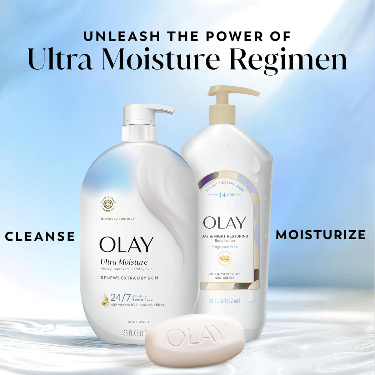 Two Olay Ultra Moisture body care products and a matching soap bar arranged against a soft blue-white background with the headline 'Unleash the Power of Ultra Moisture Regimen' and the words 'Cleanse' and 'Moisturize'.