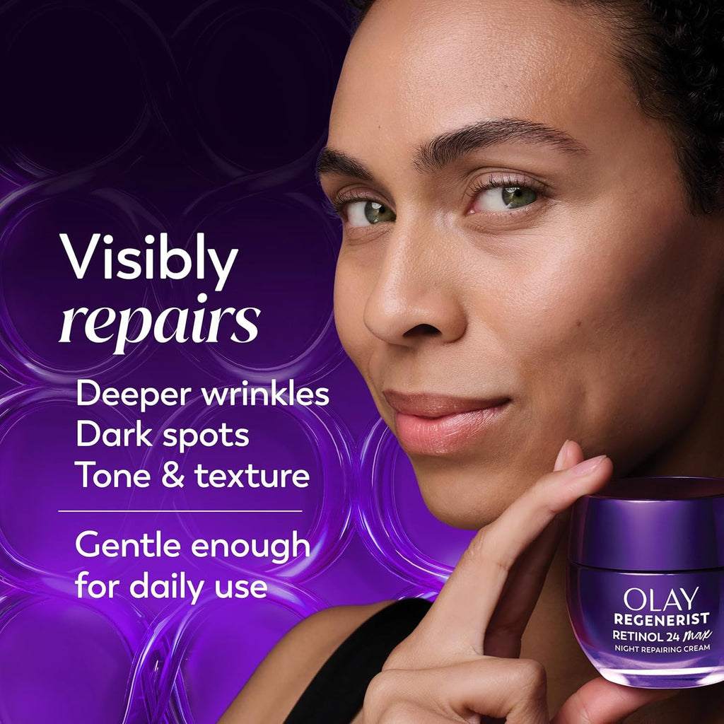 Woman holding Olay Regenerist cream with product details on a purple background