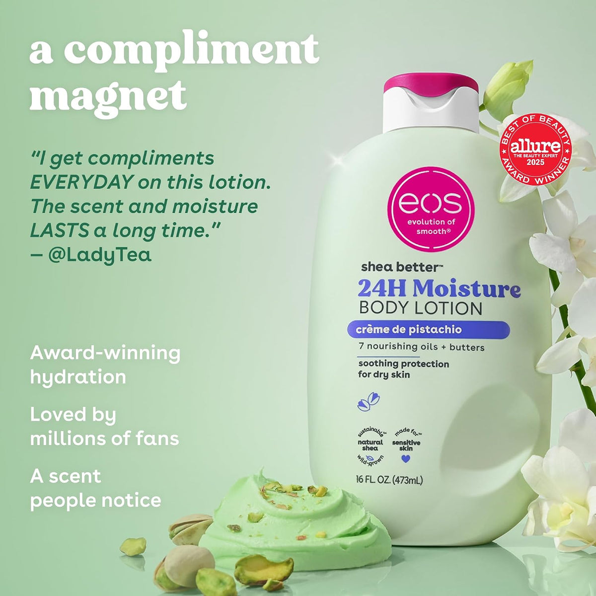 A bottle of EOS Evolution of Science Shea Better 24H Moisture Body Lotion in pistachio, styled with a scoop of green lotion, pistachio shells, and white flowers on a light green background with promotional text.