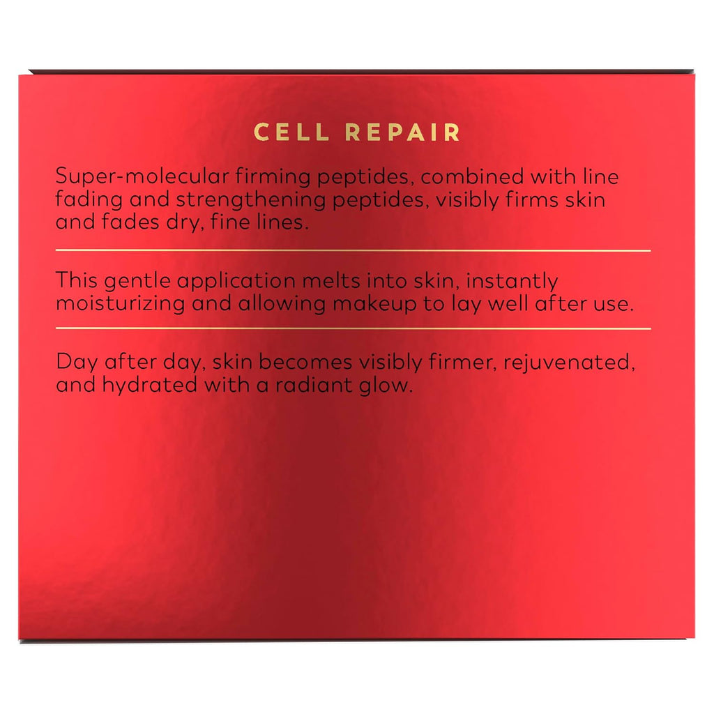 A red rectangular product box or packaging panel with gold and black text. The top reads 'CELL REPAIR' in gold, and the body contains three paragraphs of black descriptive text about skincare peptides and skin benefits.