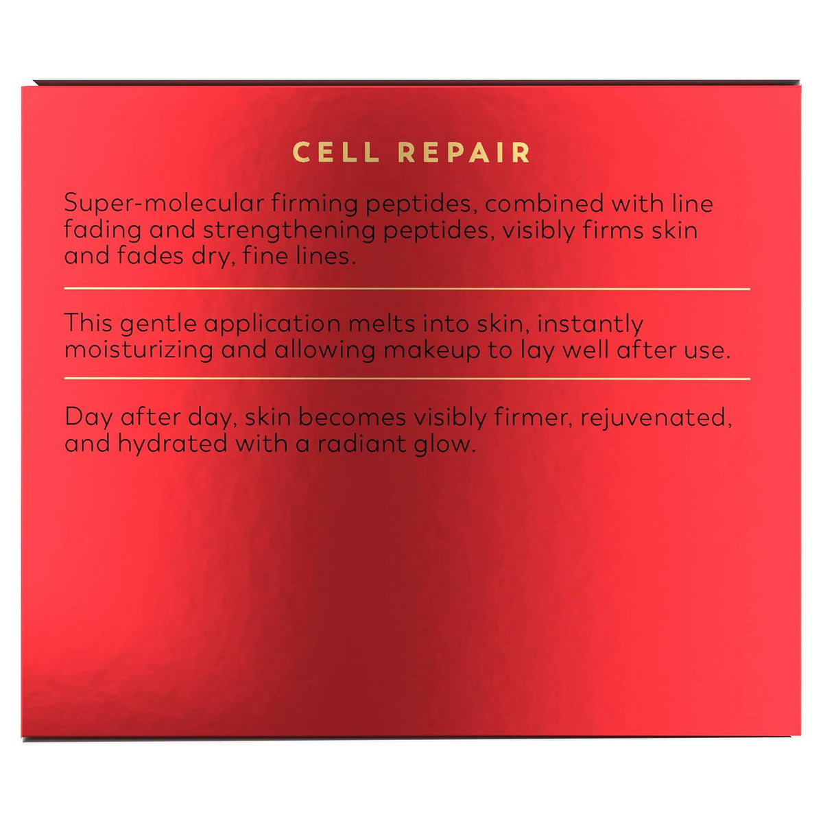 A red rectangular product box or packaging panel with gold and black text. The top reads 'CELL REPAIR' in gold, and the body contains three paragraphs of black descriptive text about skincare peptides and skin benefits.