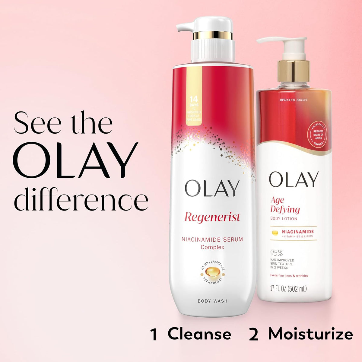 Two Olay body care products on a pink background with text about the brand.
