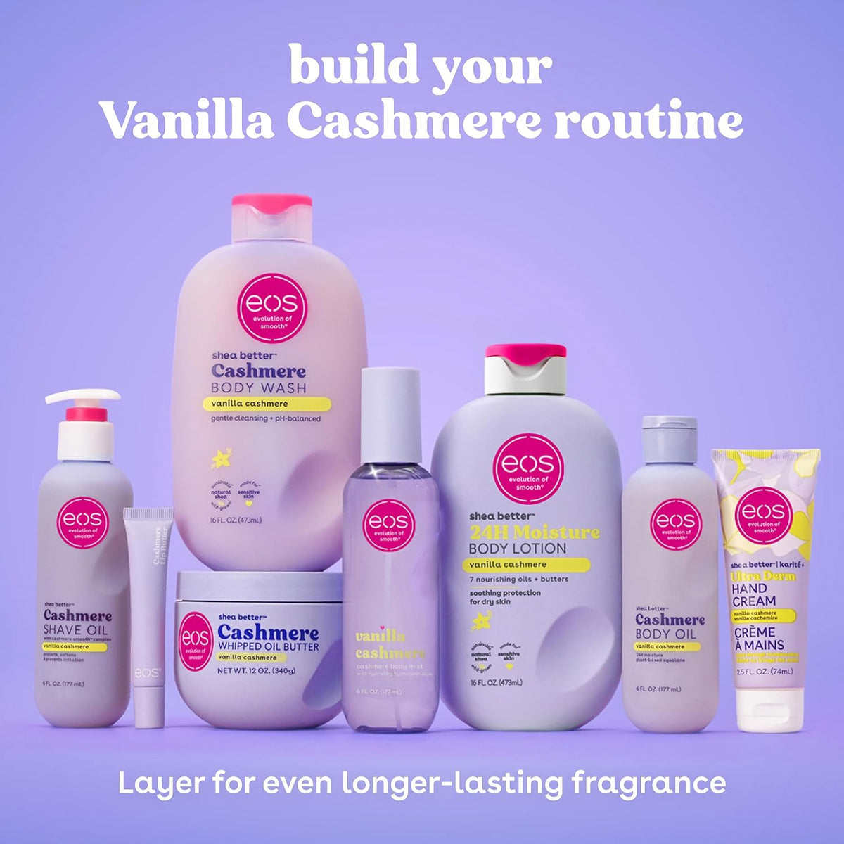 A collection of EOS Better Skin body care products in a lavender and pink color scheme, arranged on a matching purple background with text reading 'build your Vanilla Cashmere routine' and 'Layer for even longer-lasting fragrance.' Visible products include body wash, body lotion, shave gel, body butter, shower gel, and cream.