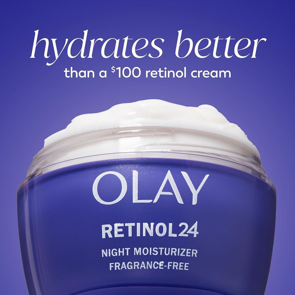 Olay Retinol24 night moisturizer jar with text on a blue background