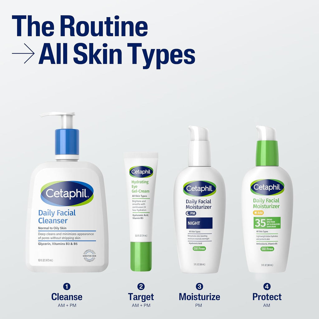 Cetaphil skincare products on a white background with text indicating the routine for all skin types.