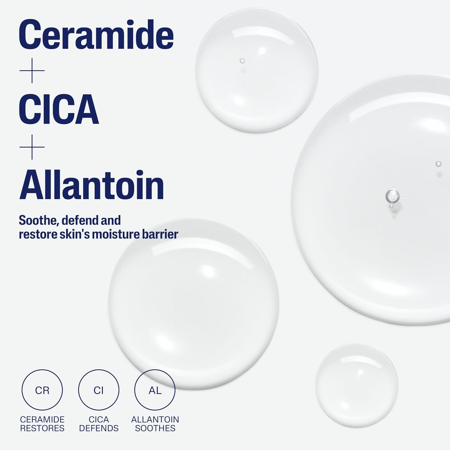 Advertisement for Ceramide, CICA, and Allantoin with text and bubbles on a white background