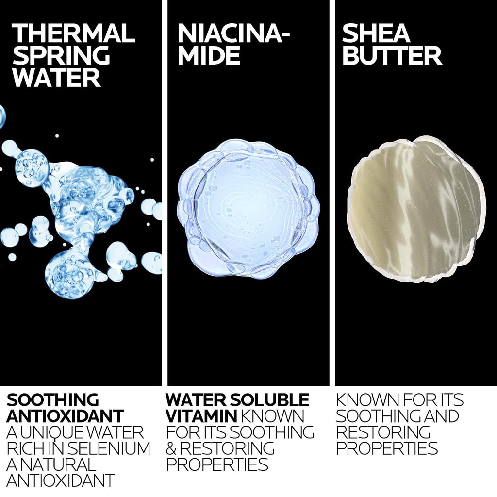 Three vertical panels on a black background highlight key ingredients for a skincare product: Thermal Spring Water with blue water droplets, Niacinamide with a translucent blue oval, and Shea Butter with a beige oval.