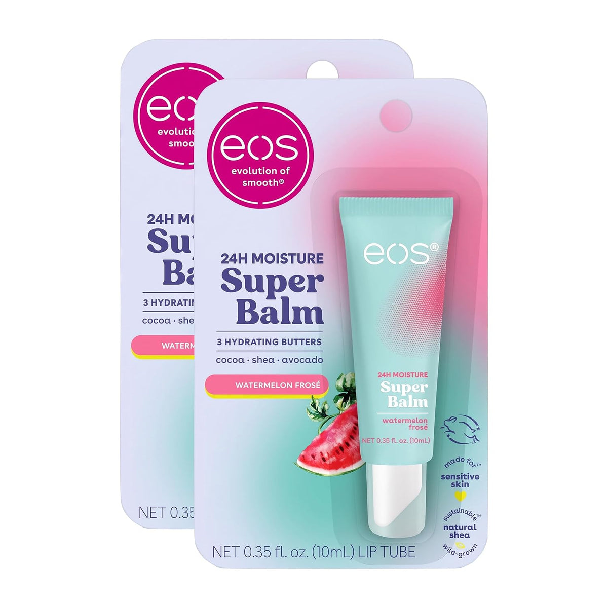 Two packages of EOS 24H Moisture Super Balm lip balm, featuring a watermelon fragrance, with one package in front and another partially visible behind it on a white background.