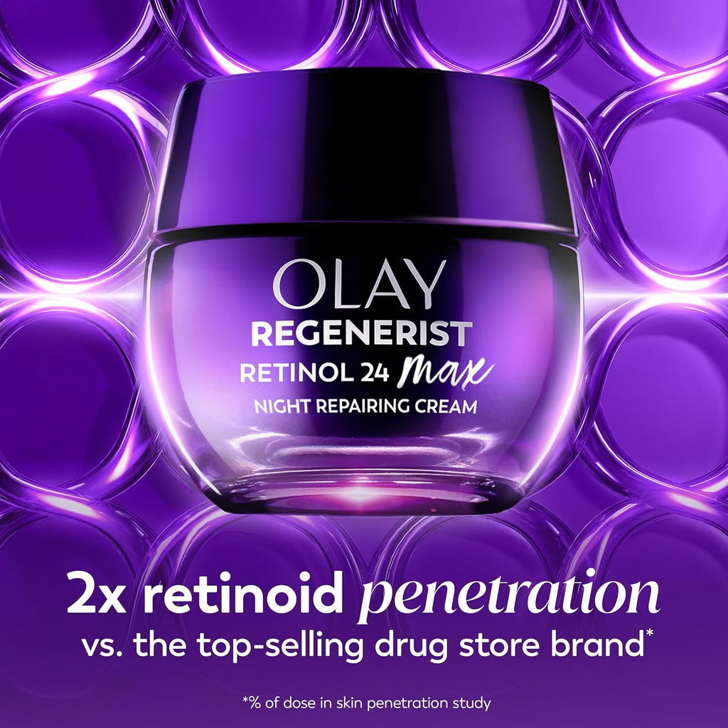 Olay Regenerist Retinol 24 Max Night Repairing Cream jar with purple background
