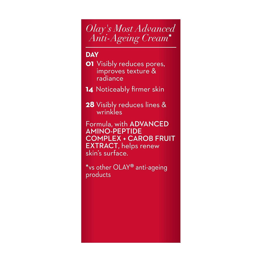 A tall red rectangular panel with white text listing benefits of Olay's Most Advanced Anti-Ageing Cream by day 01, 14, and 28.