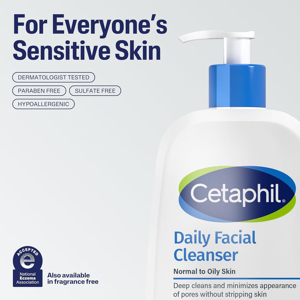 Cetaphil daily facial cleanser bottle with product features on a light gray background