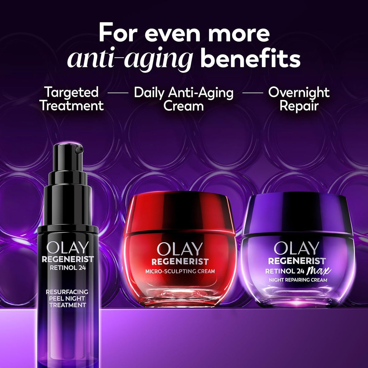 Olay Regenerist skincare products with text on anti-aging benefits on a purple background