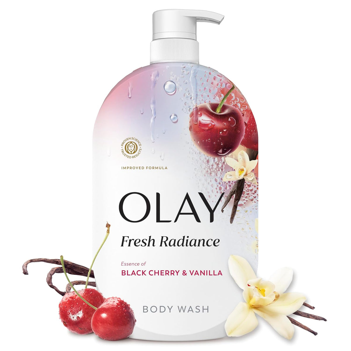 A bottle of Olay Fresh Radiance body wash in Black Cherry & Vanilla scent, featuring a white pump dispenser and a label decorated with red cherries, vanilla flowers, and vanilla beans on a white background.