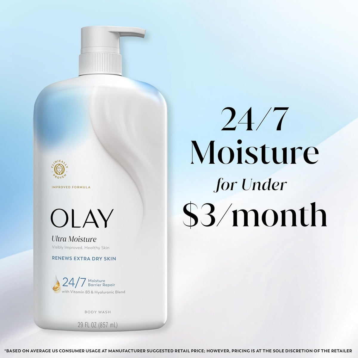 A 29 fl oz bottle of Olay Ultra Moisture body wash with a white pump dispenser, shown against a light blue and white background with promotional text reading '24/7 Moisture for Under $3/month'.