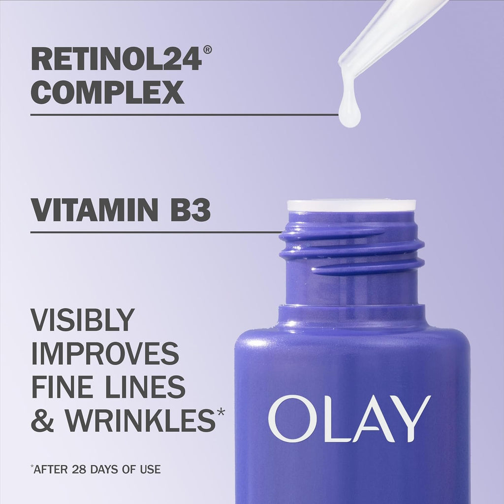 Olay Retinol24 Complex bottle with dropper on a light purple background
