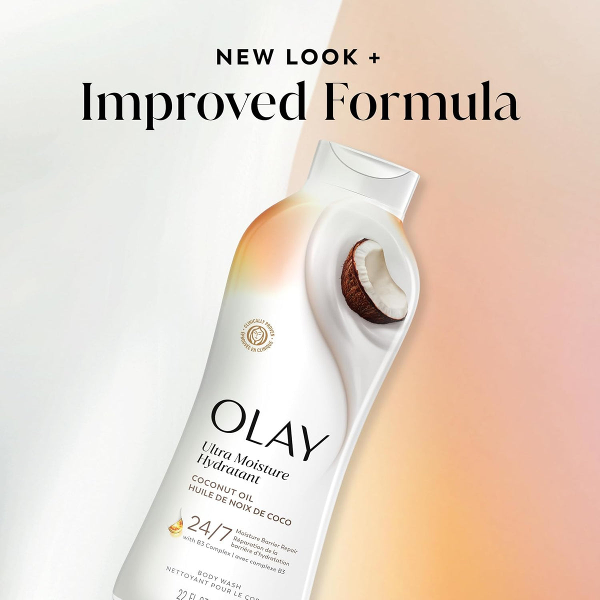 Olay Ultra Moisture Coconut Oil Body Wash bottle with a white and peach gradient design, featuring a coconut illustration and the text 'NEW LOOK + Improved Formula' at the top.