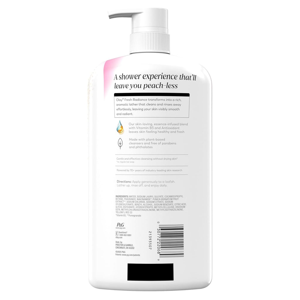 The back of a white pump bottle of PG & PGI Hyaluve Niacin 97% Cleansing Shower Soap, showing the product's back label with text and a barcode on a white background.