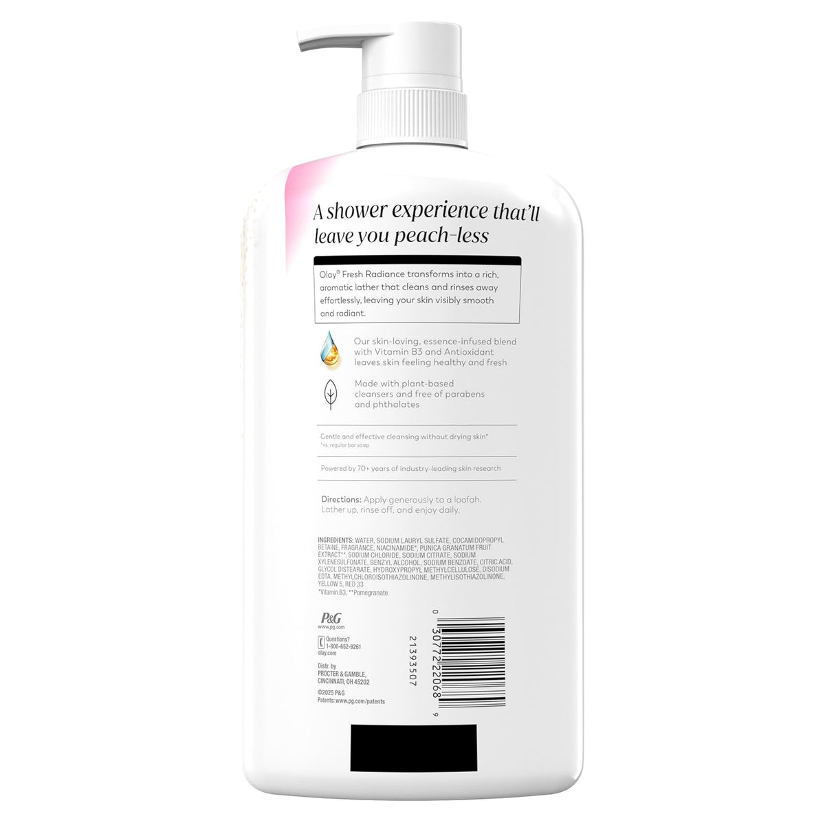 The back of a white pump bottle of PG & PGI Hyaluve Niacin 97% Cleansing Shower Soap, showing the product's back label with text and a barcode on a white background.