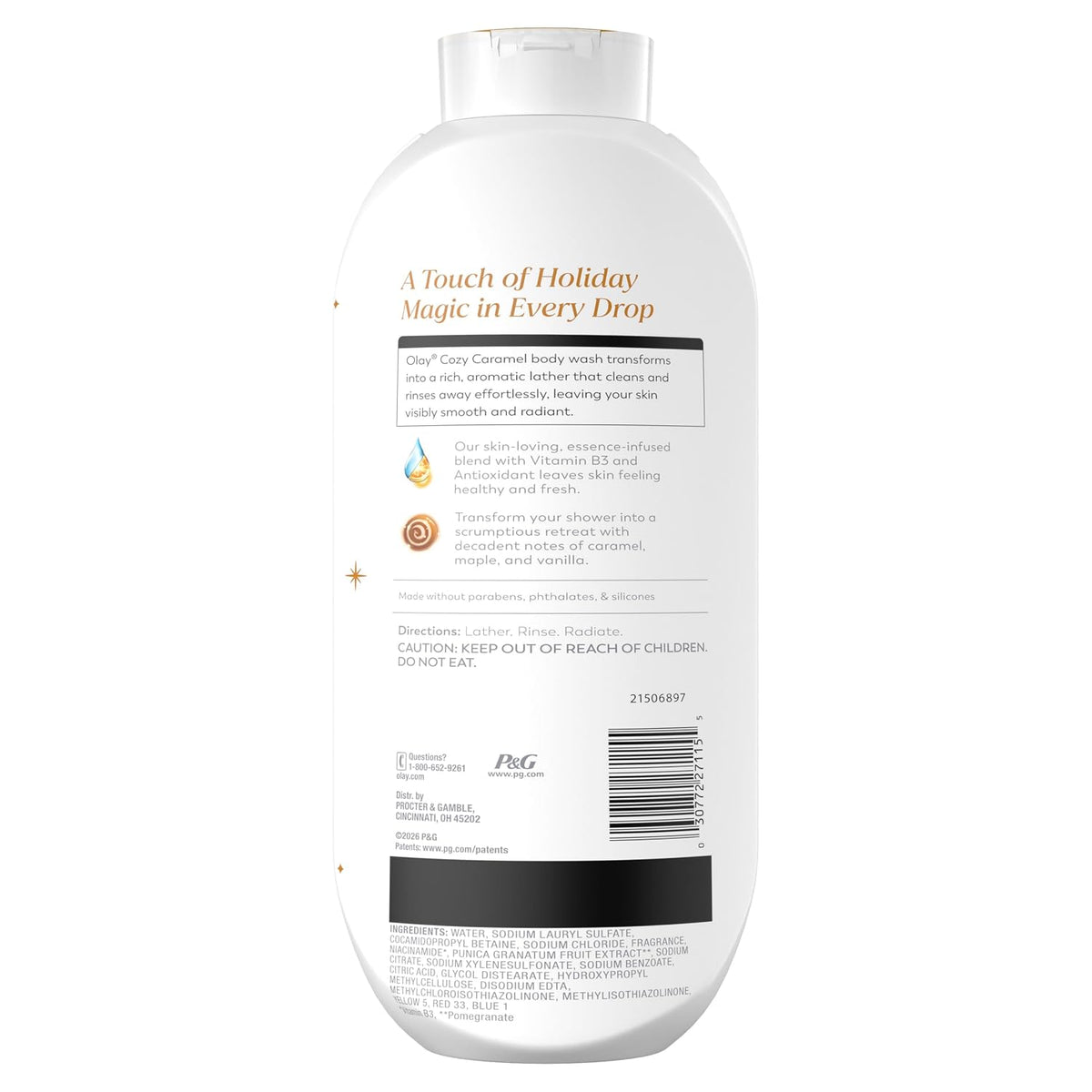 Back view of a white plastic bottle of P&G's A Touch of Holiday Magic in Every Drop shower gel, showing the label text and barcode on a white background.