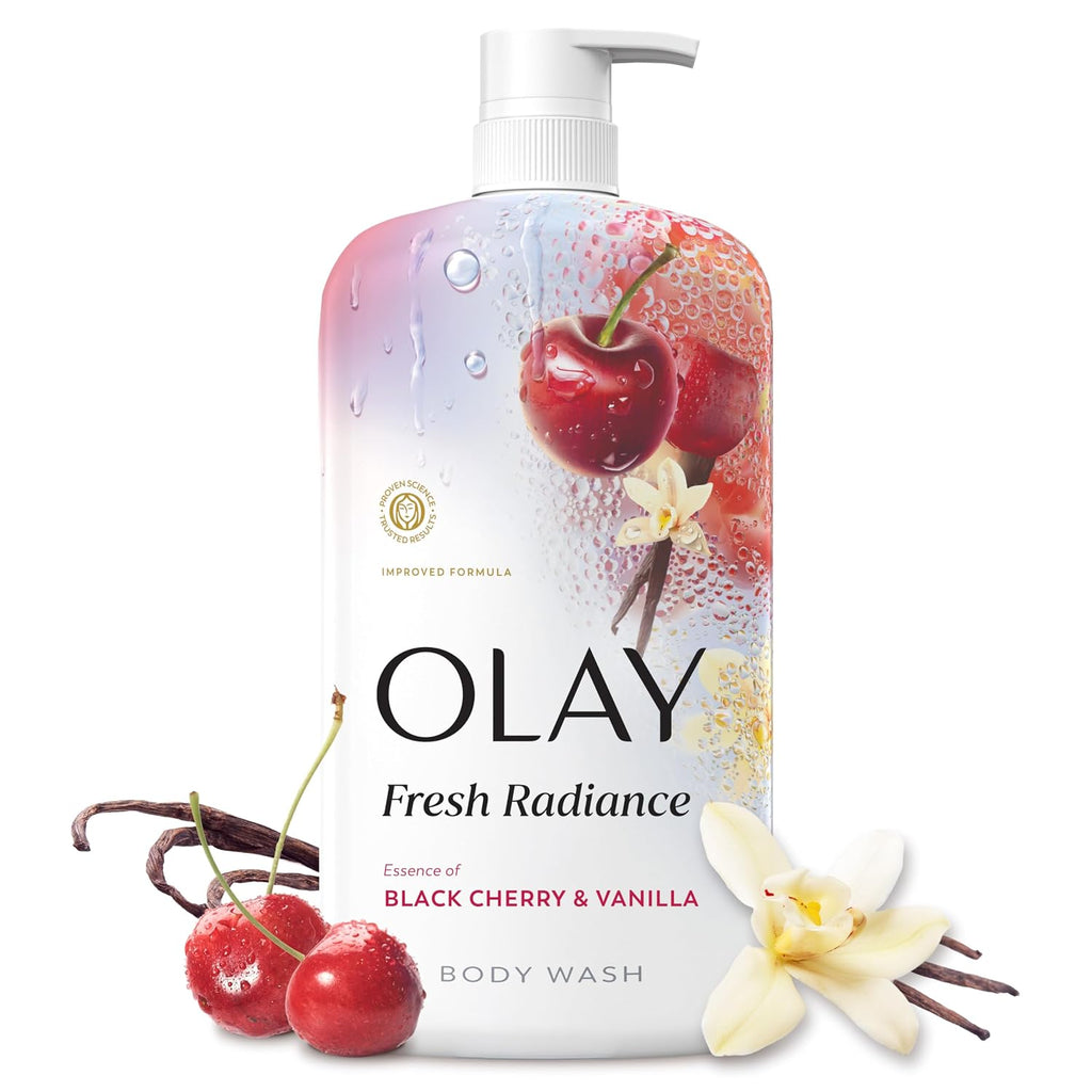 OLAY Fresh Radiance body wash bottle with cherry and vanilla elements on a white background