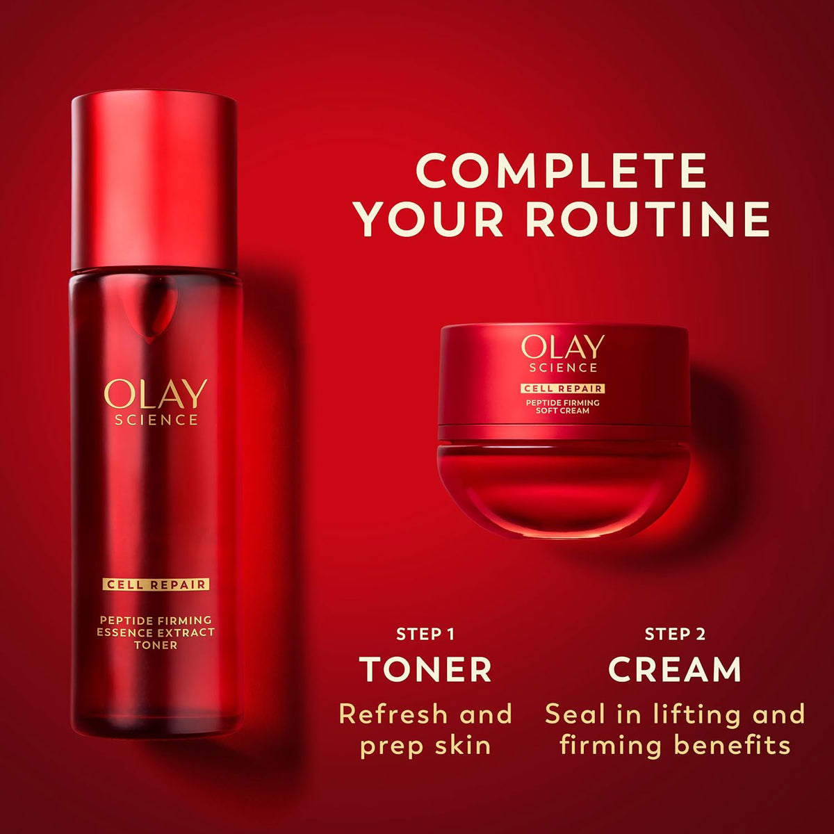 Olay skincare products on a red background with step-by-step instructions.