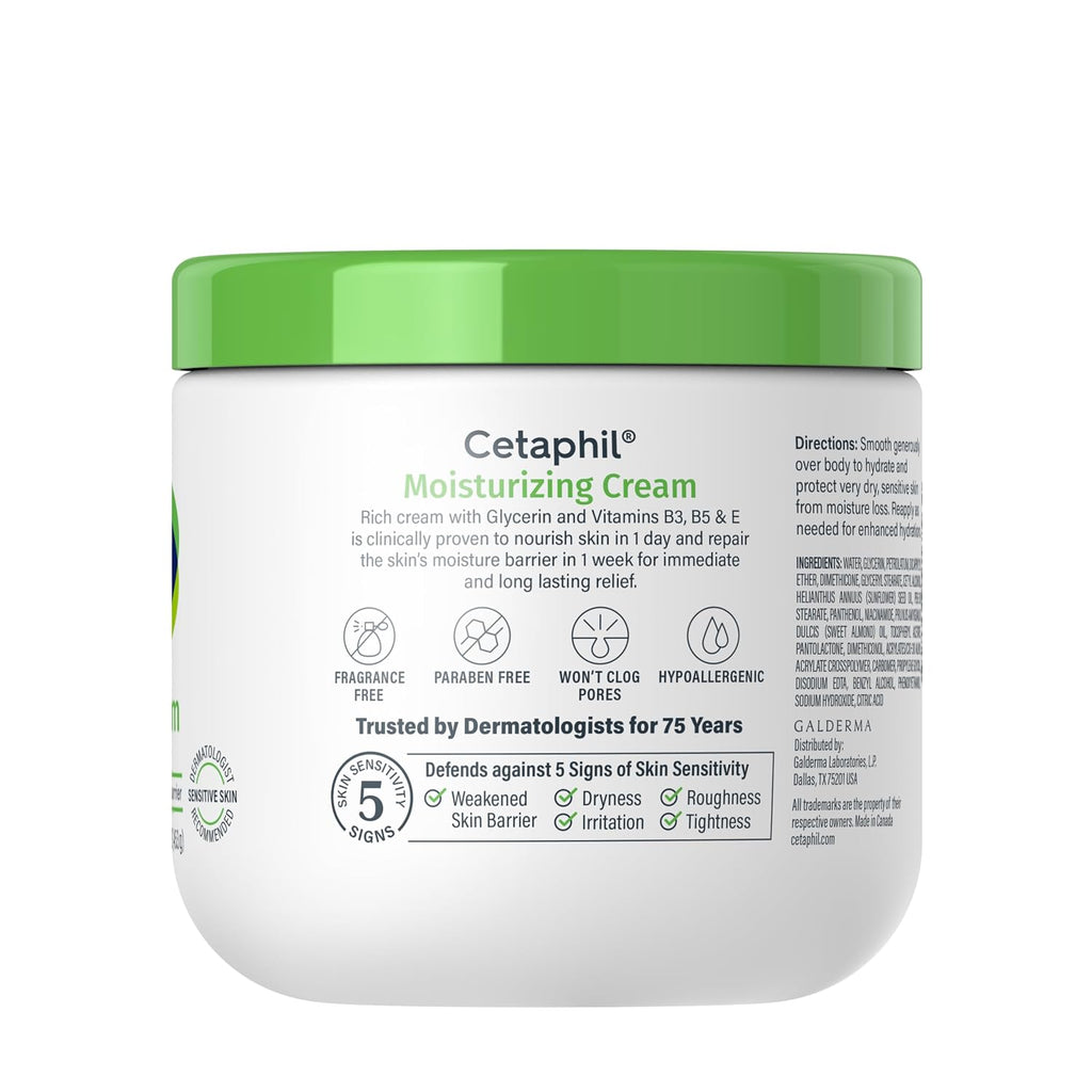Cetaphil moisturizing cream jar with green lid on a white background