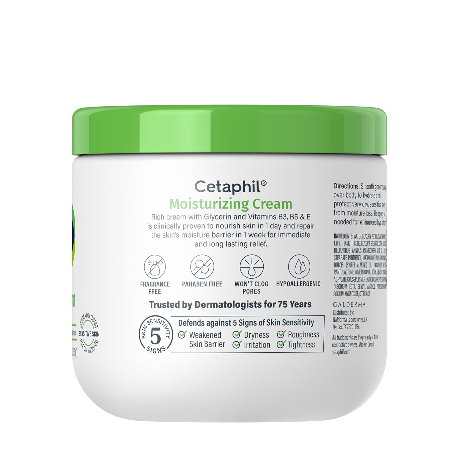 Cetaphil moisturizing cream jar with green lid on a white background