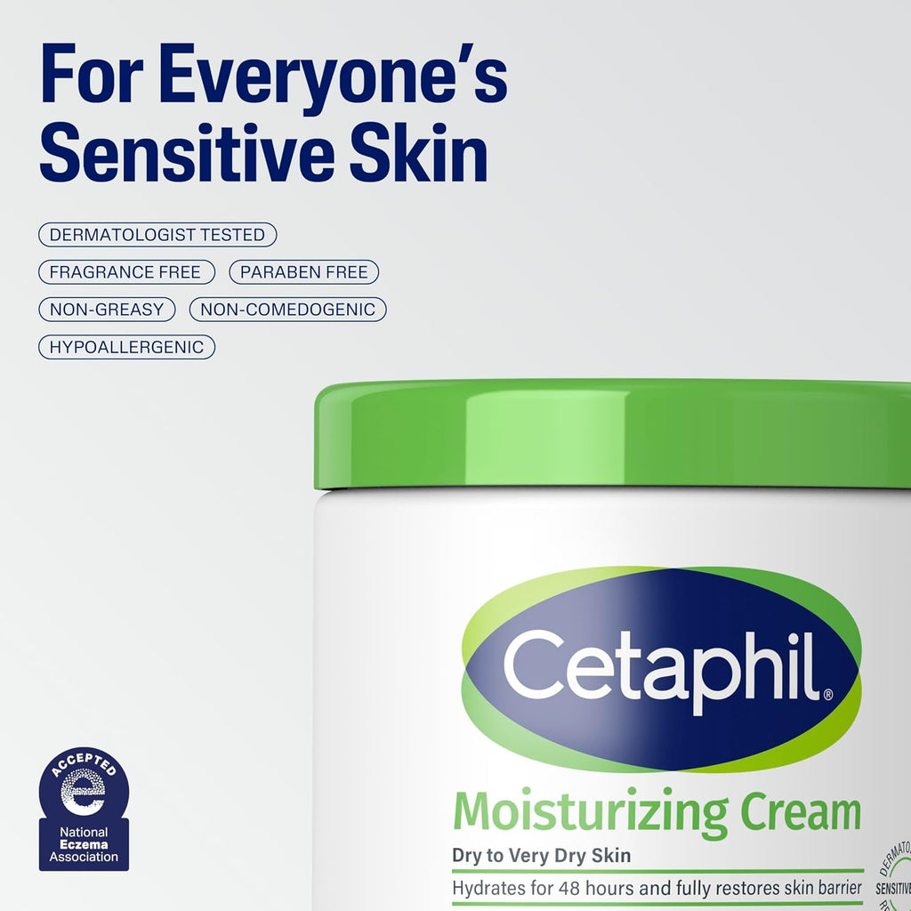 Cetaphil moisturizing cream packaging with green lid on a white background