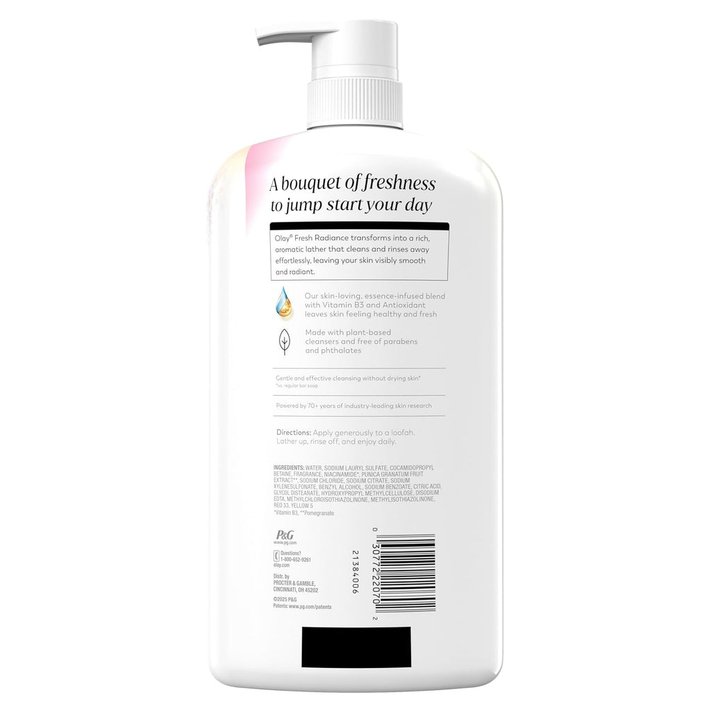 Back view of a white pump bottle of PG & C Fresh Skincare 'A bouquet of freshness to jump start your day' moisturizer, showing the back label with text, ingredients, and a barcode on a white background.