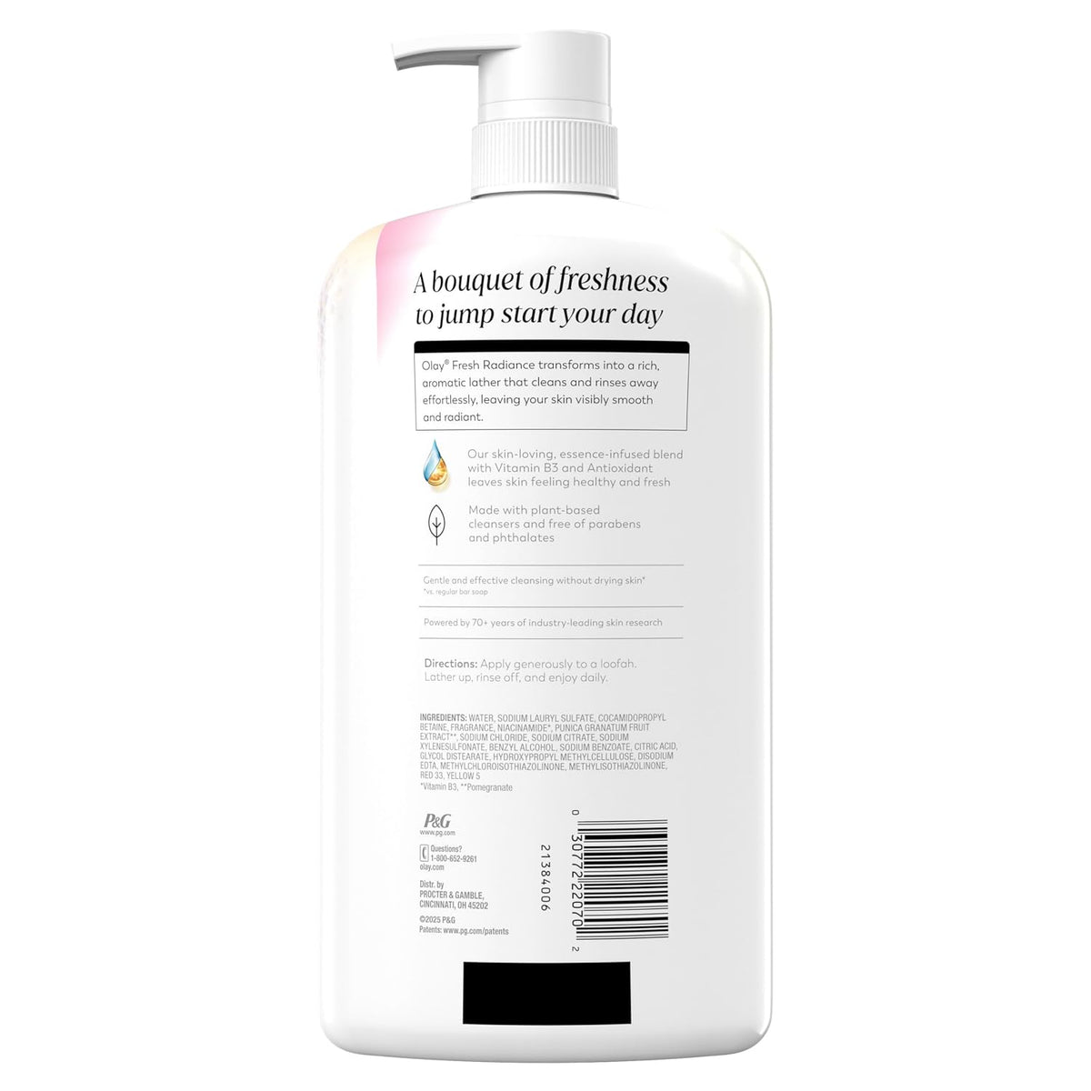Back view of a white pump bottle of PG & C Fresh Skincare 'A bouquet of freshness to jump start your day' moisturizer, showing the back label with text, ingredients, and a barcode on a white background.