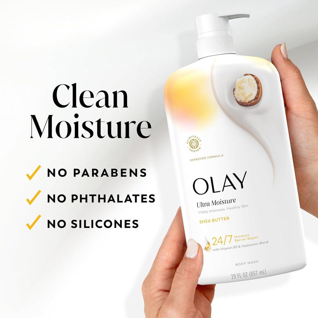 A hand holds a bottle of Olay Ultra Moisture Shea Butter body wash against a clean white background, with promotional text on the left reading 'Clean Moisture' and bullet points about no parabens, phthalates, and silicones.