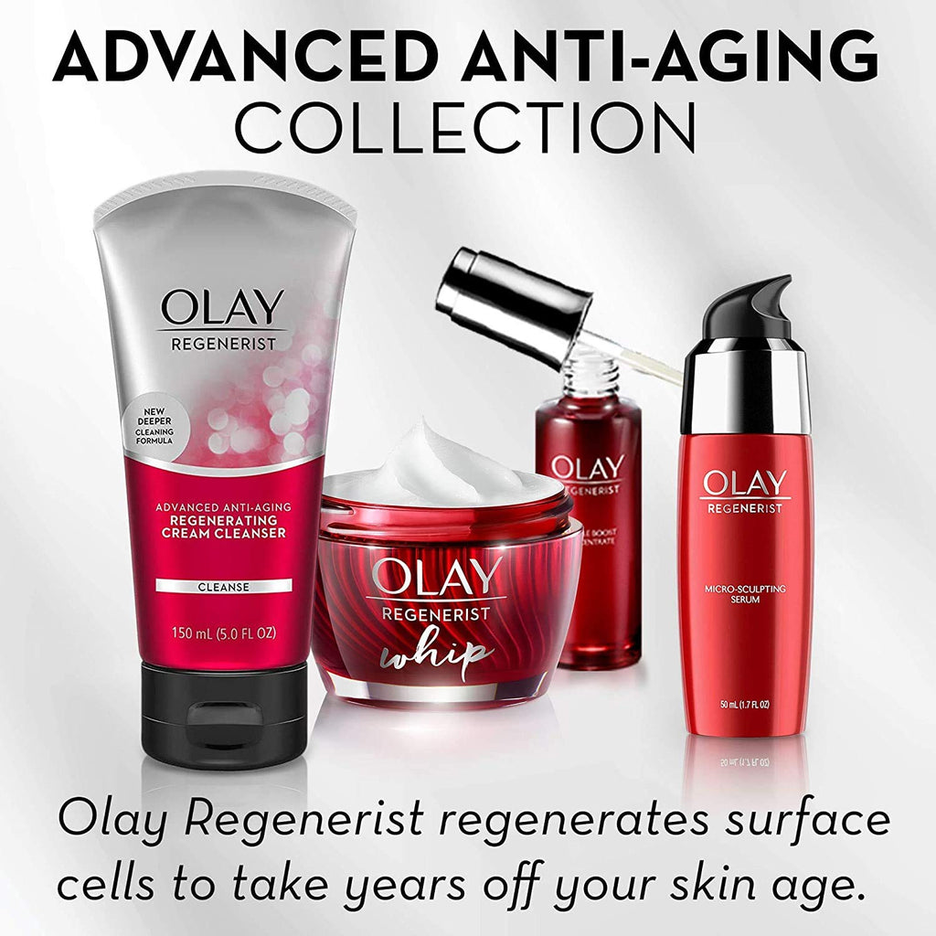 Olay Regenerist skincare products including cleanser, cream, and serum on a light background.