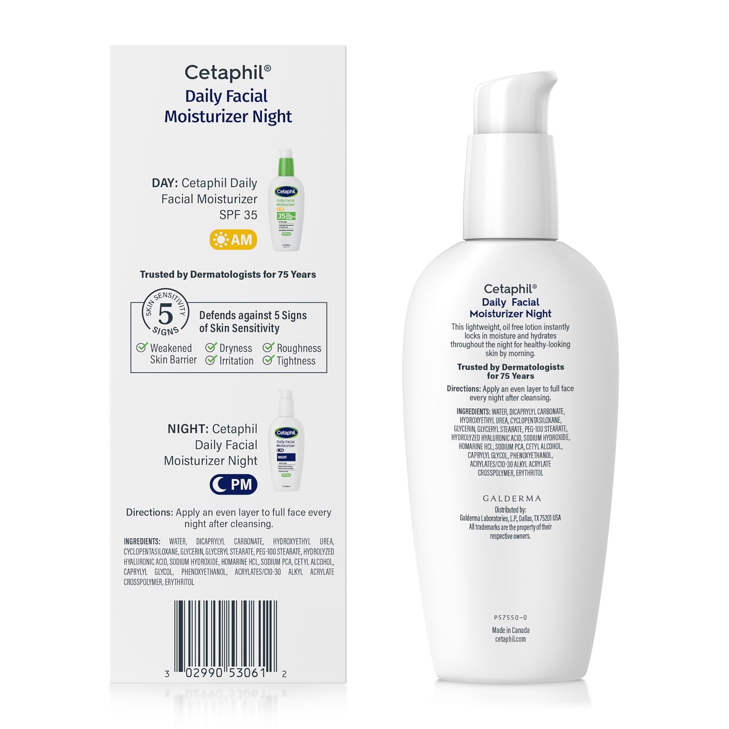 Cetaphil Daily Facial Moisturizer Night bottle and packaging box shown on a clean white background. The bottle is white with a pump and the box is white with black text and product imagery.