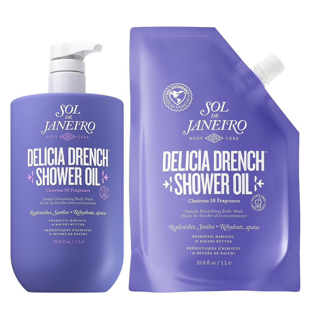 Sol de Janeiro Delicia Drench Shower Oil set, featuring a purple pump bottle and a matching purple refill pouch with white text and caps, on a plain white background.