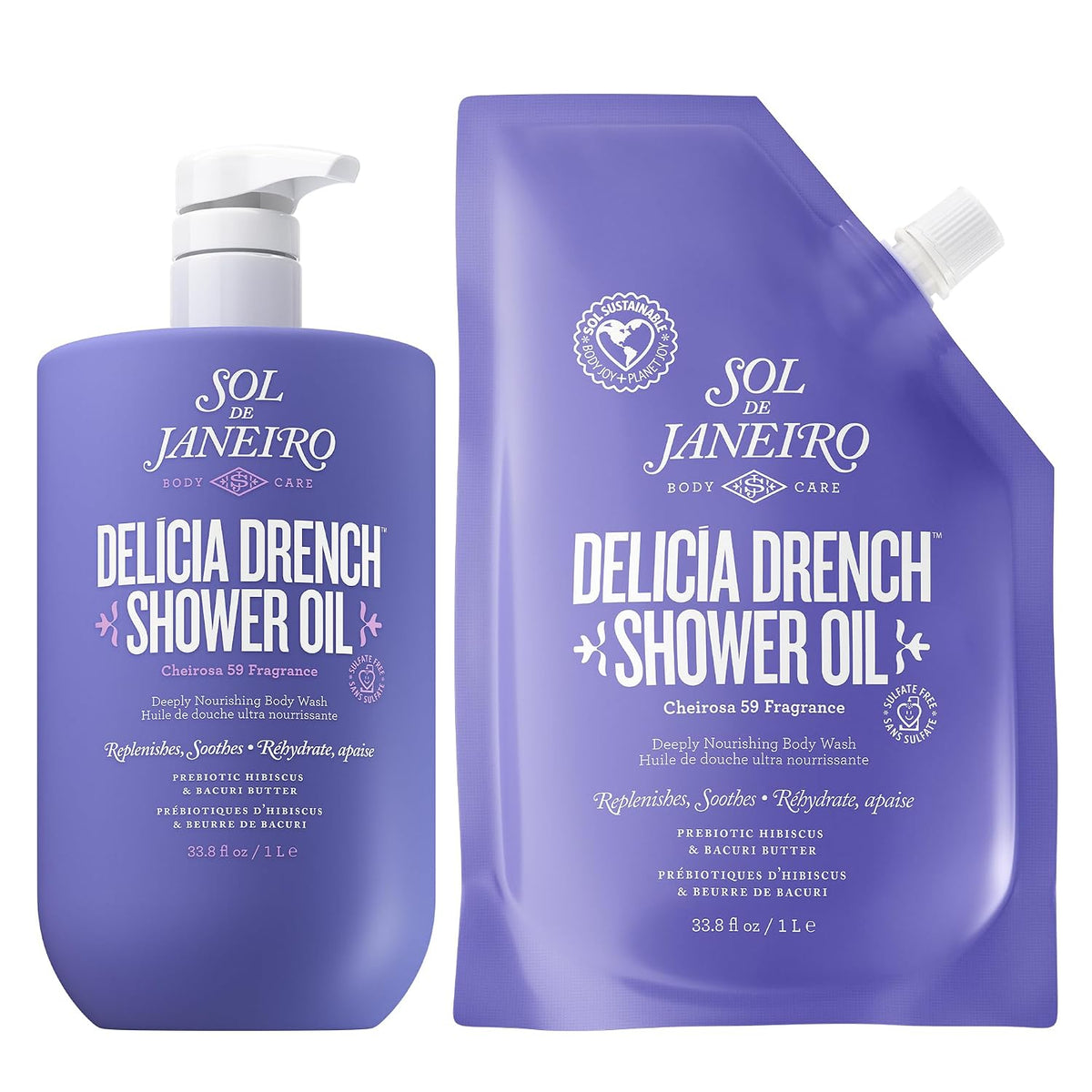 Sol de Janeiro Delicia Drench Shower Oil set, featuring a purple pump bottle and a matching purple refill pouch with white text and caps, on a plain white background.