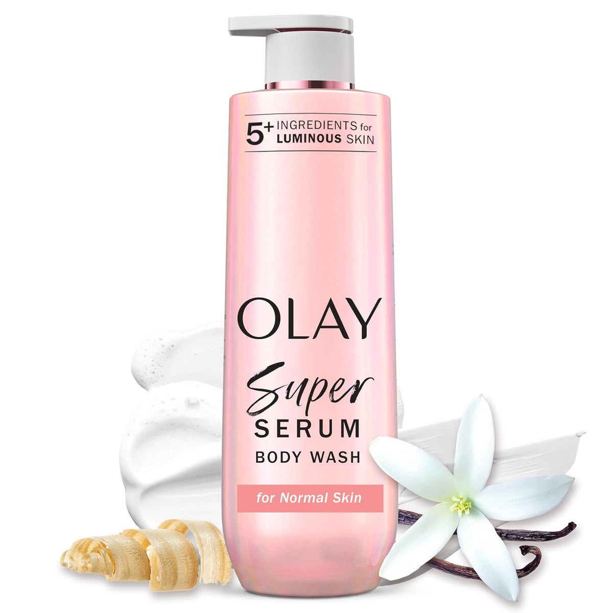 Olay Super Serum body wash bottle with vanilla bean and flower on a white background