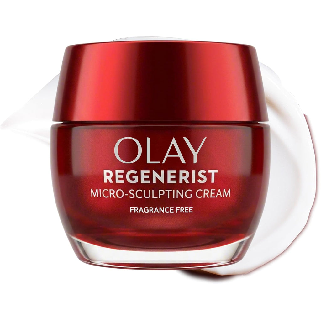 Olay Regenerist Micro-Sculpting Cream in a glossy red jar with a matching red lid, shown on a white background with a white cream smear behind it.