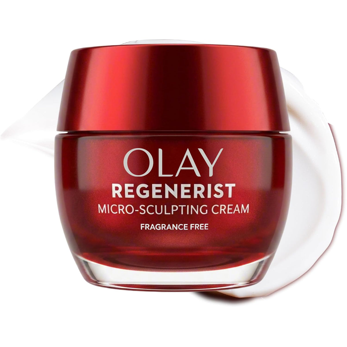 Olay Regenerist Micro-Sculpting Cream in a glossy red jar with a matching red lid, shown on a white background with a white cream smear behind it.