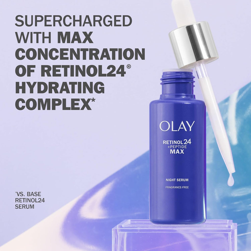 Olay Retinol24 serum bottle with dropper on a light purple background