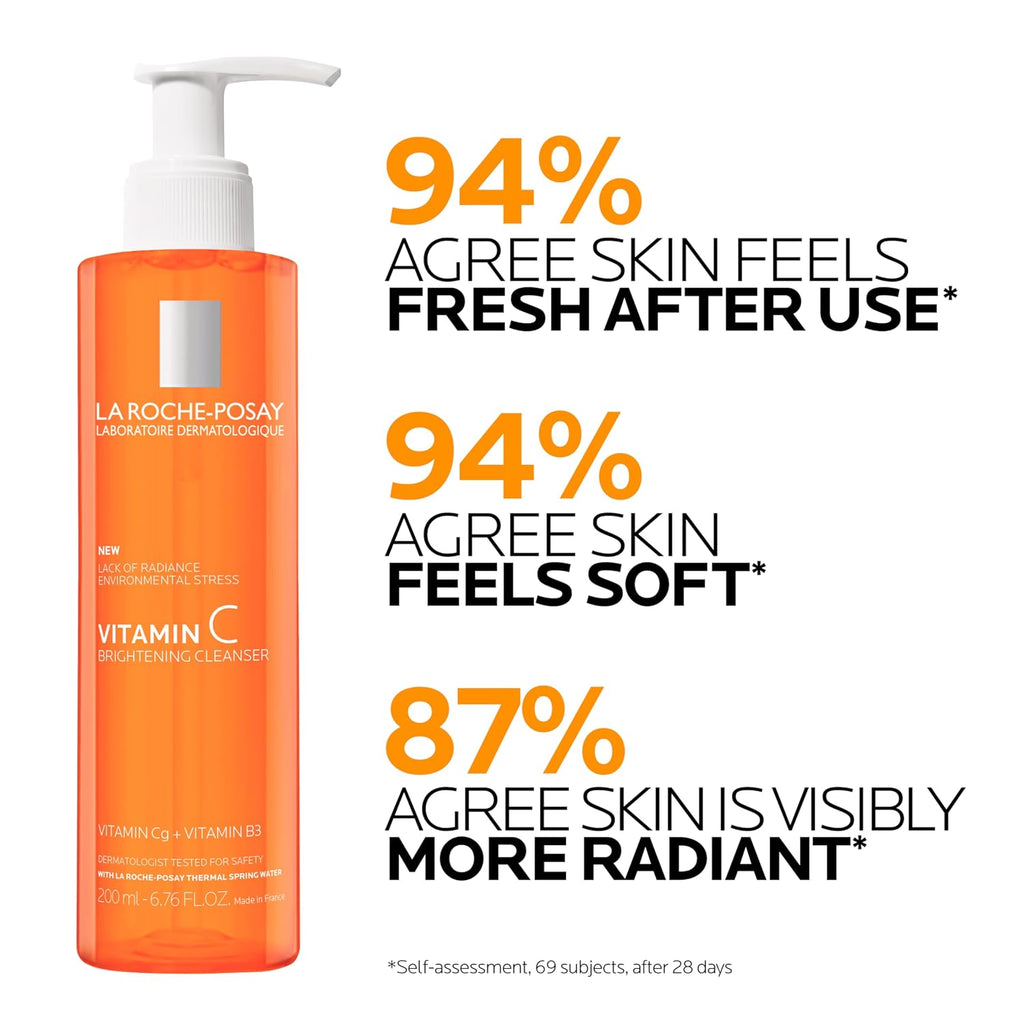 Orange bottle of La Roche-Posay cleanser with customer feedback text on a white background