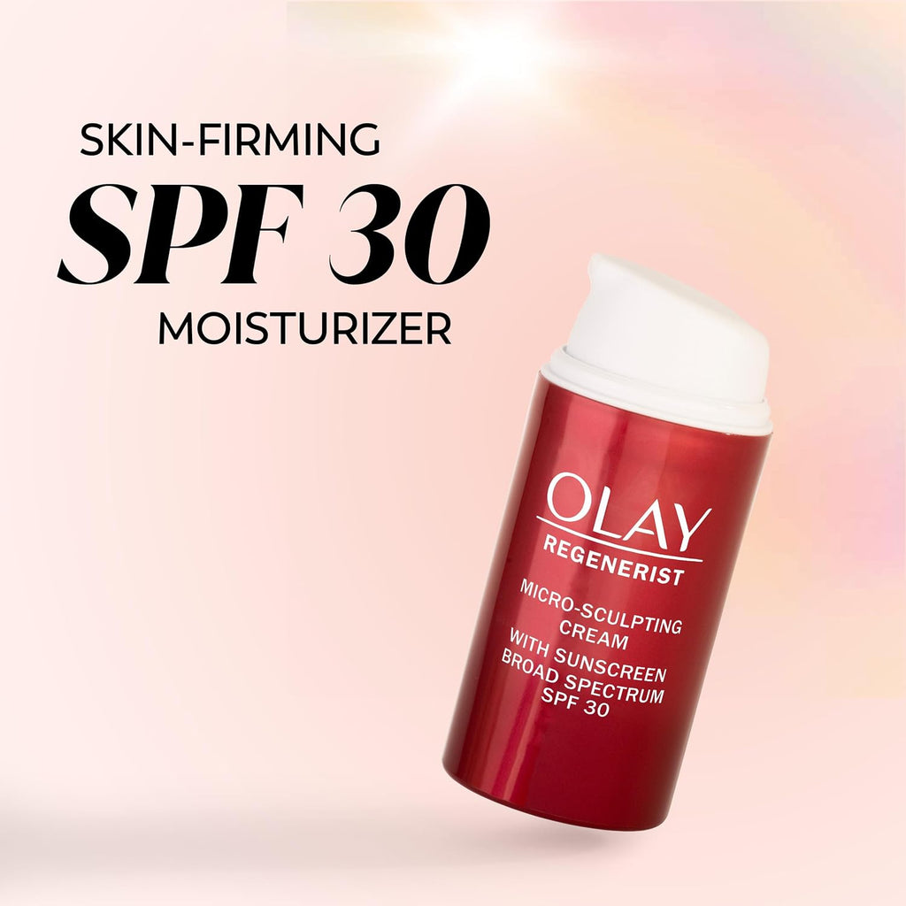 Olay Regenerist skin-firming SPF 30 moisturizer on a gradient background