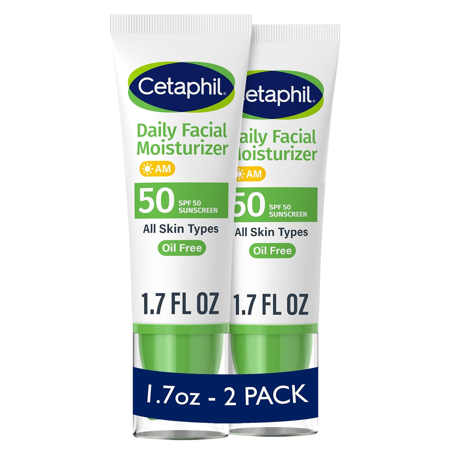 Two tubes of Cetaphil Daily Facial Moisturizer with SPF 50 on a white background