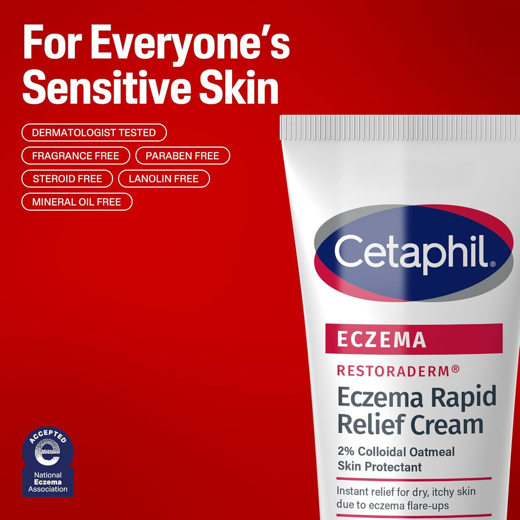 Cetaphil Eczema Rapid Relief Cream packaging on a red background with product details.