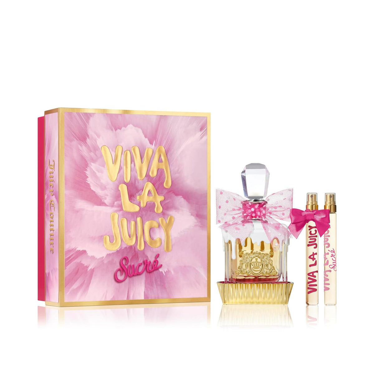 Juicy VIVA LA JUICY perfume gift set by Victoria's Secret, featuring a pink and gold floral box, a clear perfume bottle with a gold crown and pink bow, and two matching travel spray vials on a white background.