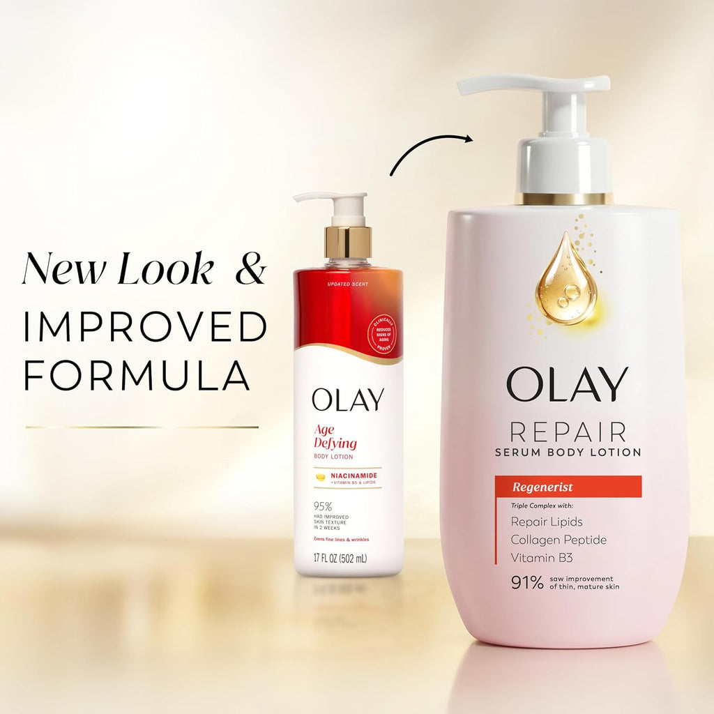 Two Olay skincare bottles on a warm beige background: a smaller Age Defying serum bottle with a red-to-white gradient and gold pump, and a larger pale pink Serum Body Lotion bottle with a white pump and gold droplet detail. Text on the left reads 'New Look & IMPROVED FORMULA.